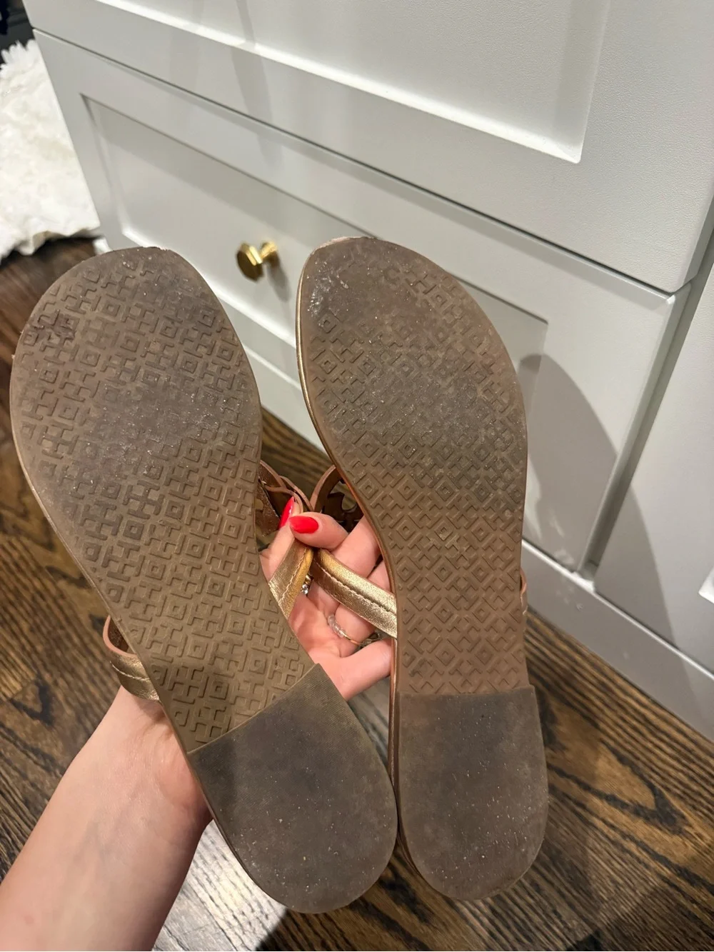 Tory Burch Metallic Rose Gold Logo Thong Sandals